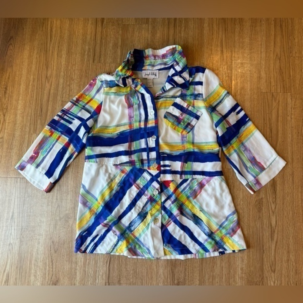 Joseph Ribkoff asymmetrical abstract Ruffle blouse